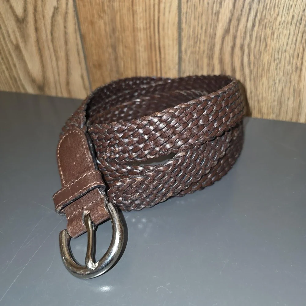 Coach Belt Mens XL Brown Braided‎ Leather Woven Silver Buckle Casual Dress